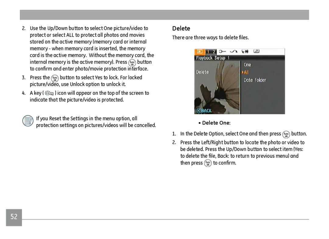 GE J1470S user manual There are three ways to delete files, Delete One, Delete Option, select One and then press button 