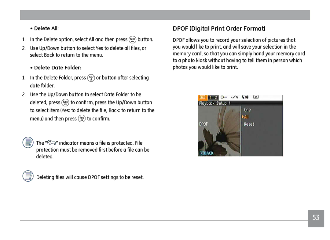 GE J1470S user manual Dpof Digital Print Order Format, Delete All, Delete Date Folder 