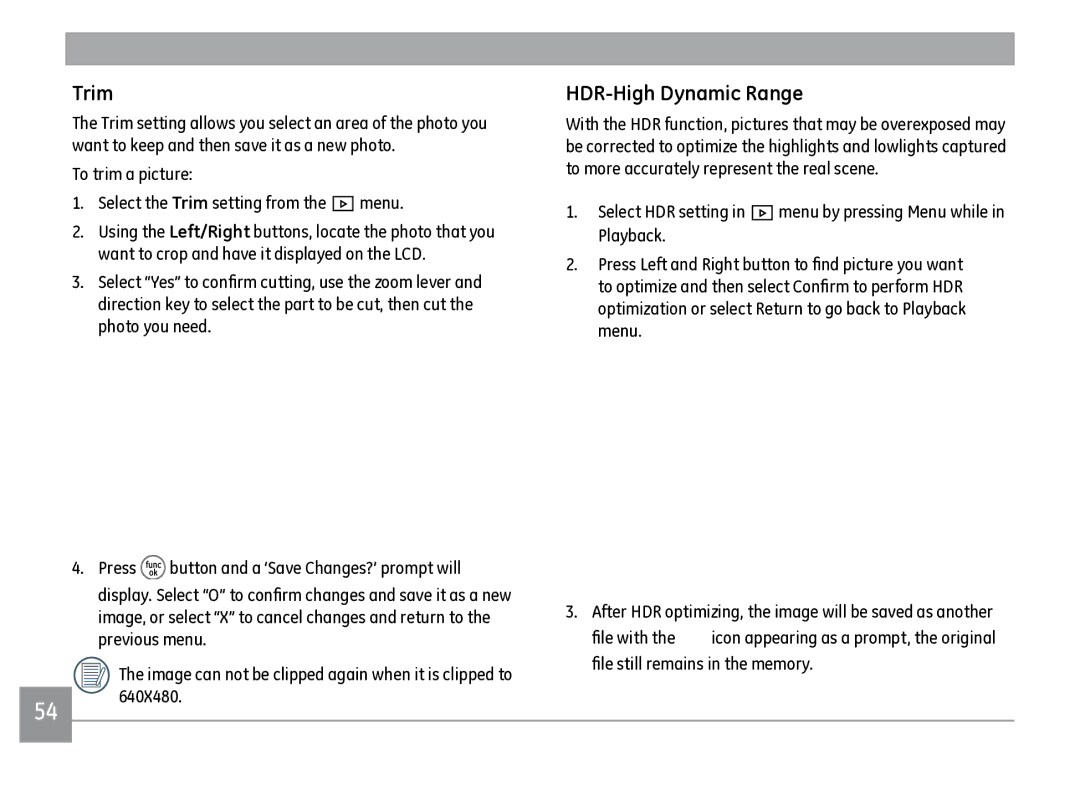 GE J1470S user manual HDR-High Dynamic Range, To trim a picture Select the Trim setting from the menu 