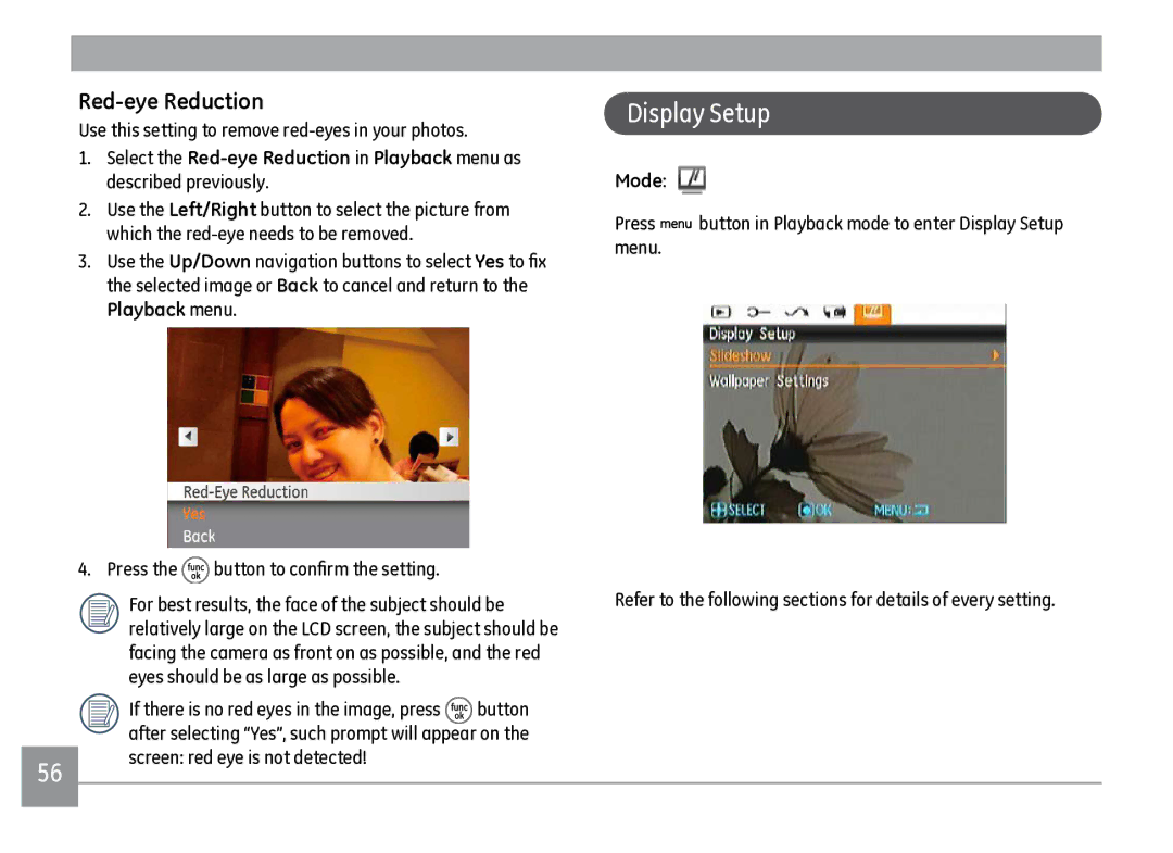 GE J1470S user manual Display Setup, Red-eye Reduction, Use this setting to remove red-eyes in your photos, Mode 