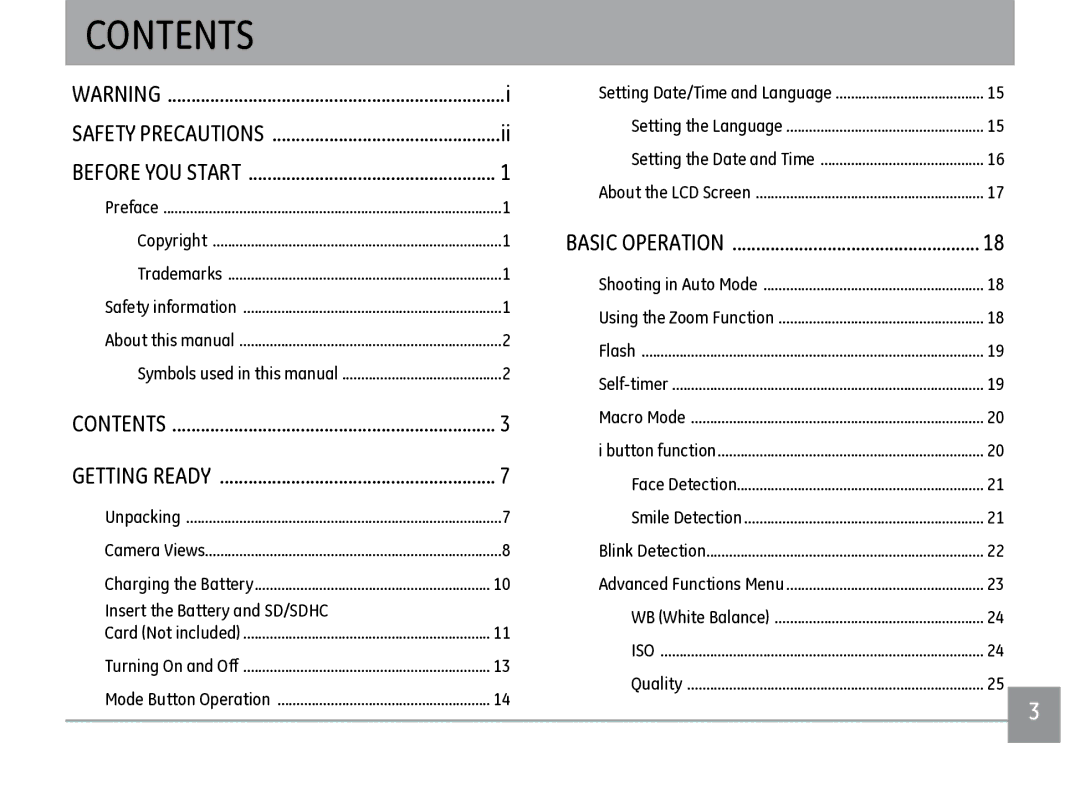 GE J1470S user manual Contents 