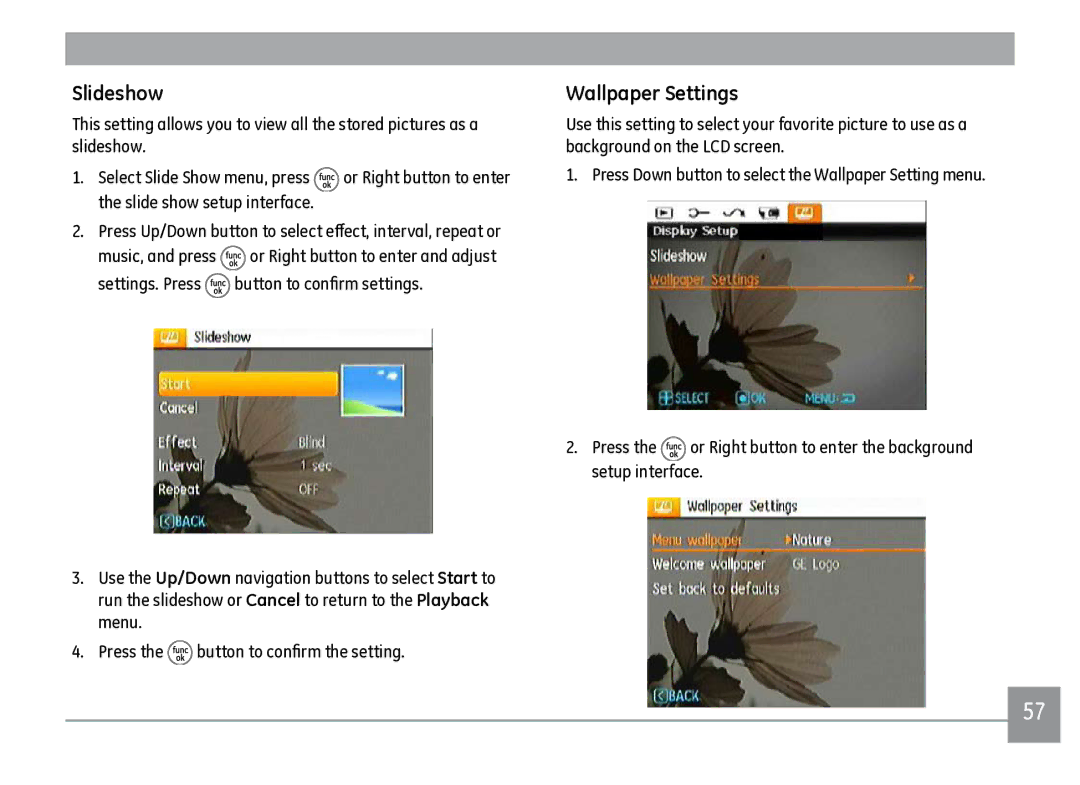 GE J1470S user manual Slideshow, Wallpaper Settings 