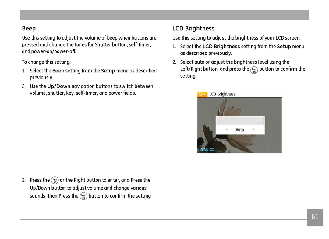 GE J1470S user manual Beep, LCD Brightness, Sounds, then Press the button to confirm the setting 