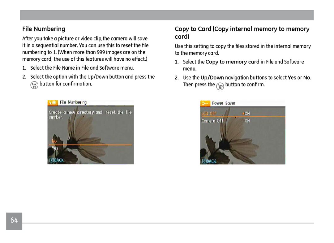 GE J1470S File Numbering, Copy to Card Copy internal memory to memory card, Select the File Name in File and Software menu 