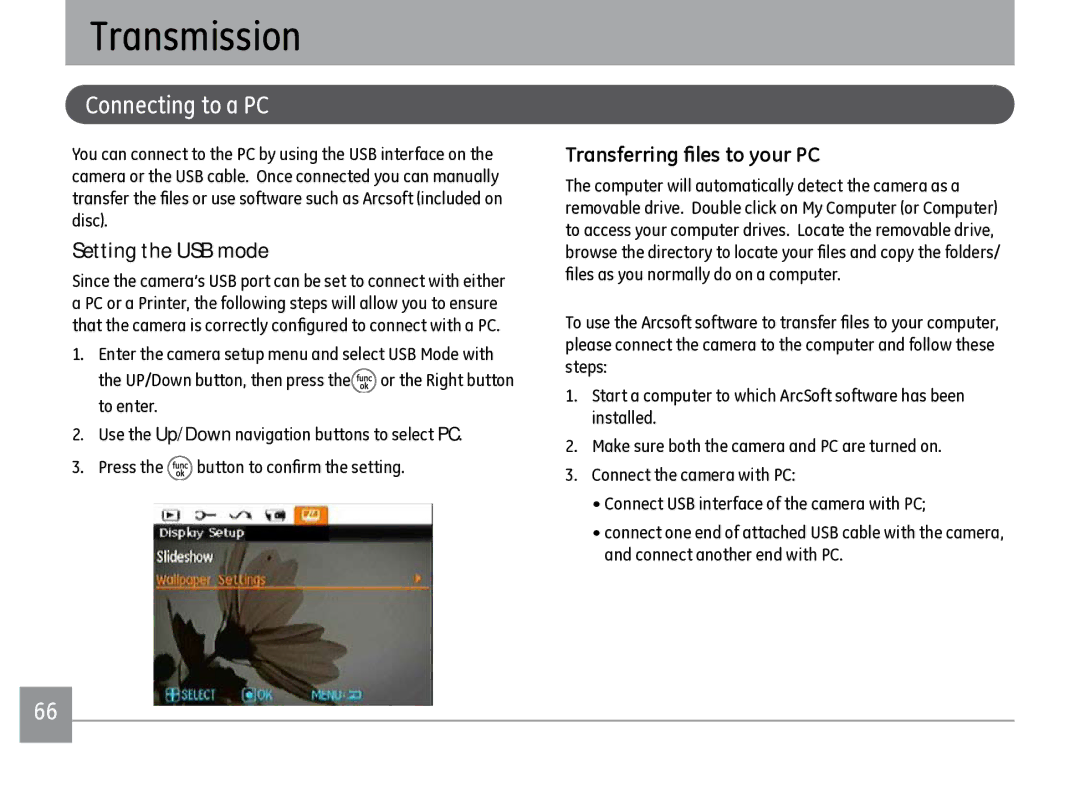 GE J1470S user manual Connecting to a PC, Setting the USB mode, Transferring files to your PC 