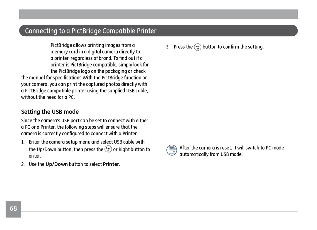 GE J1470S user manual Connecting to a PictBridge Compatible Printer 