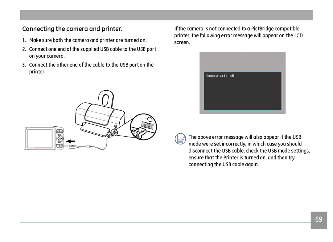 GE J1470S user manual Connecting the camera and printer 