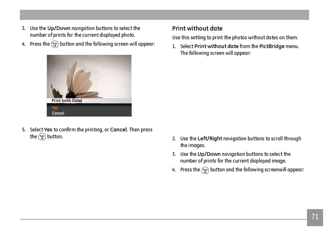 GE J1470S user manual Print without date, Button, Use this setting to print the photos without dates on them 