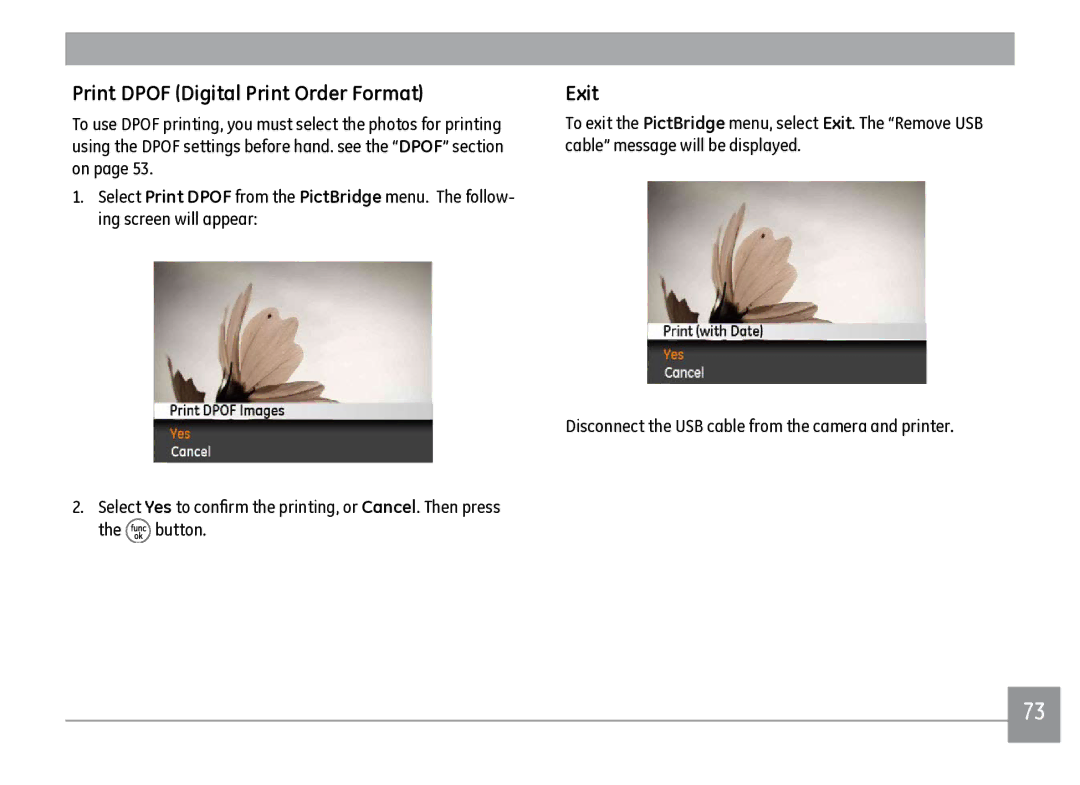 GE J1470S user manual Print Dpof Digital Print Order Format, Exit 