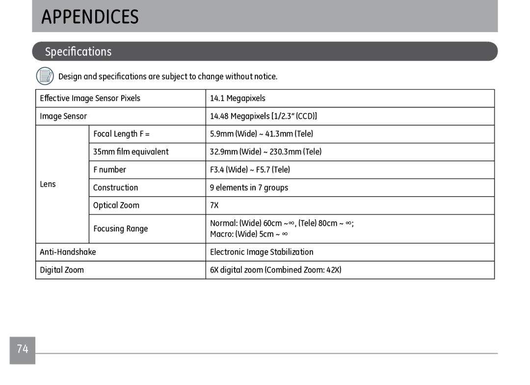 GE J1470S user manual Appendices, Specifications, Megapixels 1/2.3 CCD 