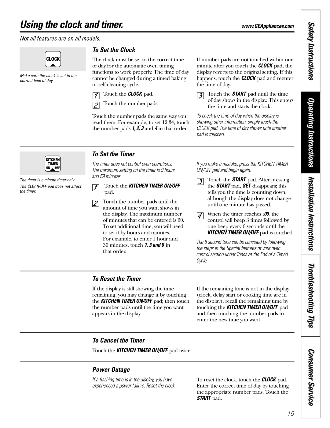 GE J2B915 installation instructions Using the clock and timer 