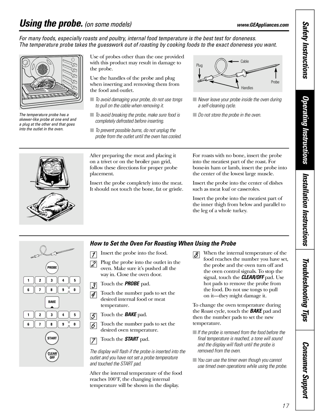 GE J2B915 Using the probe. on some models, Troubleshooting Tips Consumer Support, Installation Instructions 