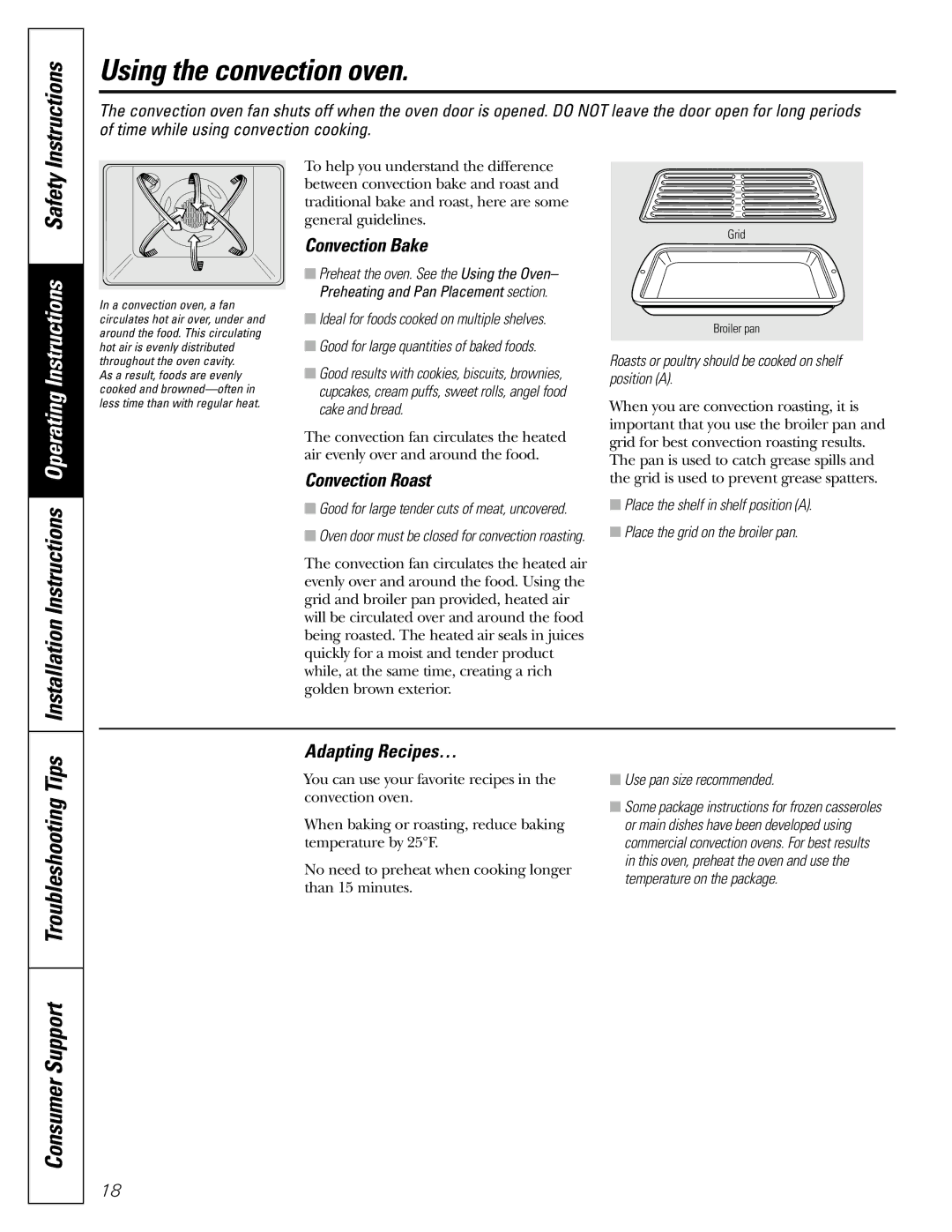 GE J2B915 installation instructions Using the convection oven, Convection Bake, Convection Roast, Adapting Recipes… 