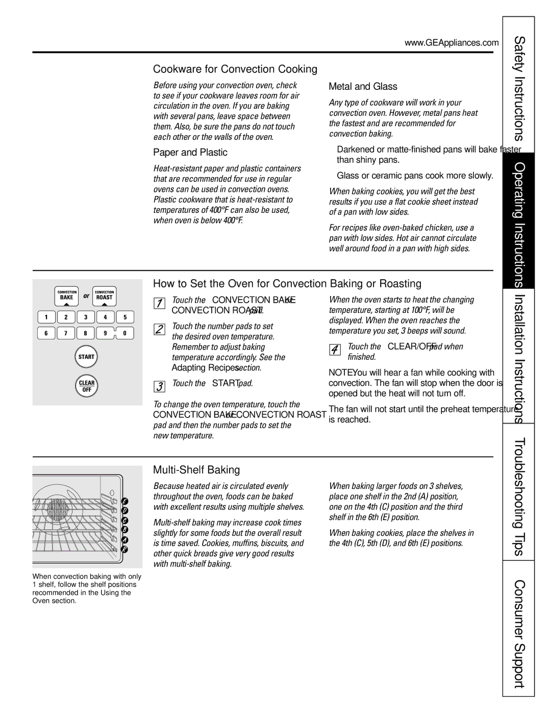 GE J2B915 Troubleshooting Tips Consumer Support, How to Set the Oven for Convection Baking or Roasting, Multi-Shelf Baking 