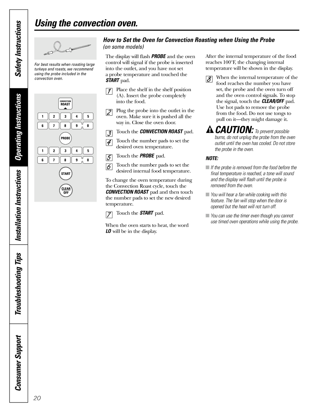 GE J2B915 installation instructions Touch the Convection Roast pad 