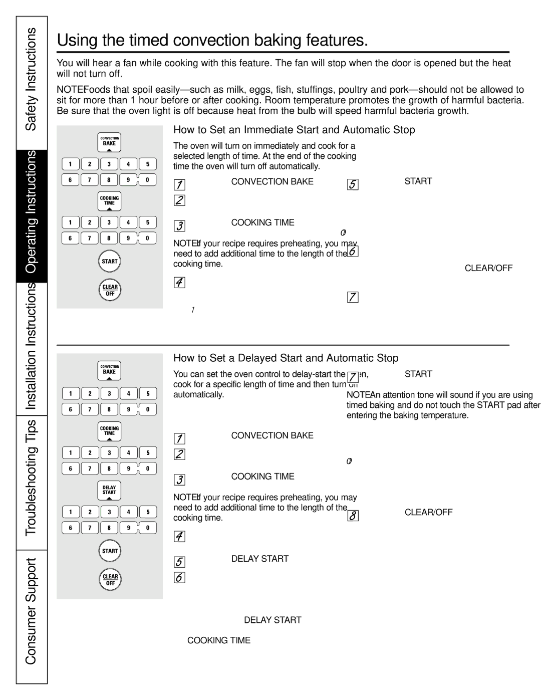 GE J2B915 Using the timed convection baking features, Consumer Support Troubleshooting Tips Installation 