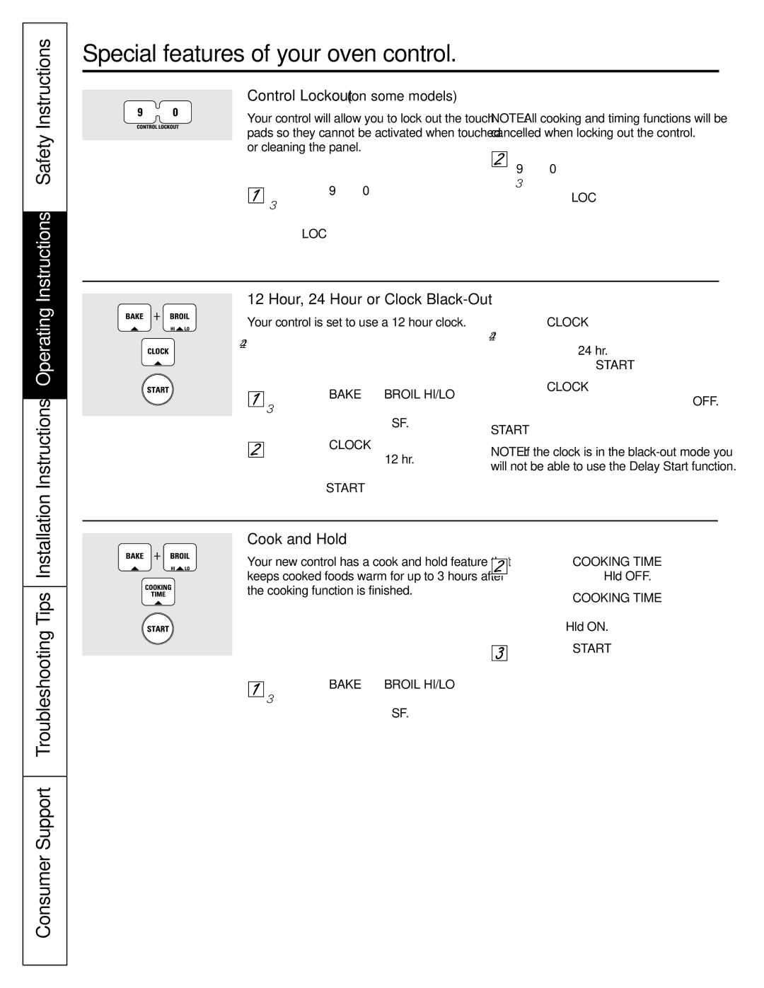 GE J2B915 installation instructions Control Lockout on some models, Hour, 24 Hour or Clock Black-Out, Cook and Hold 