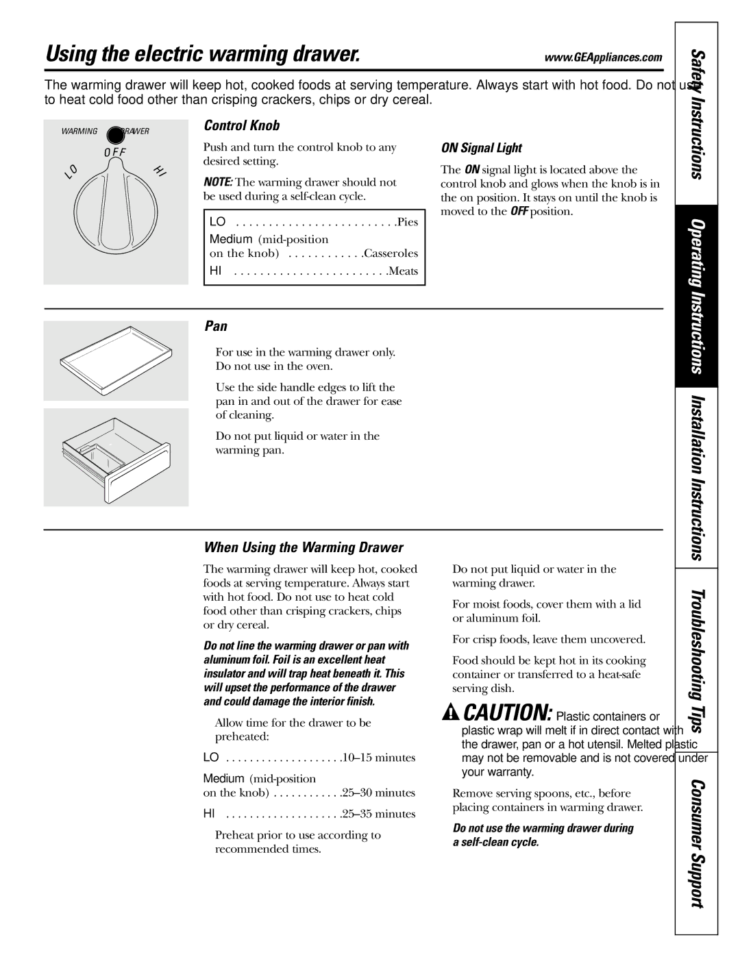 GE J2B915 Using the electric warming drawer, Control Knob, Pan, When Using the Warming Drawer, On Signal Light 