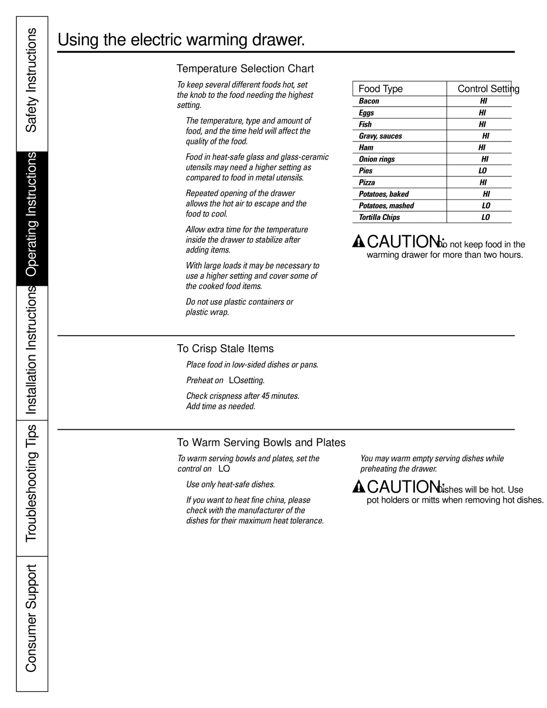 GE J2B915 installation instructions Temperature Selection Chart, To Warm Serving Bowls and Plates 