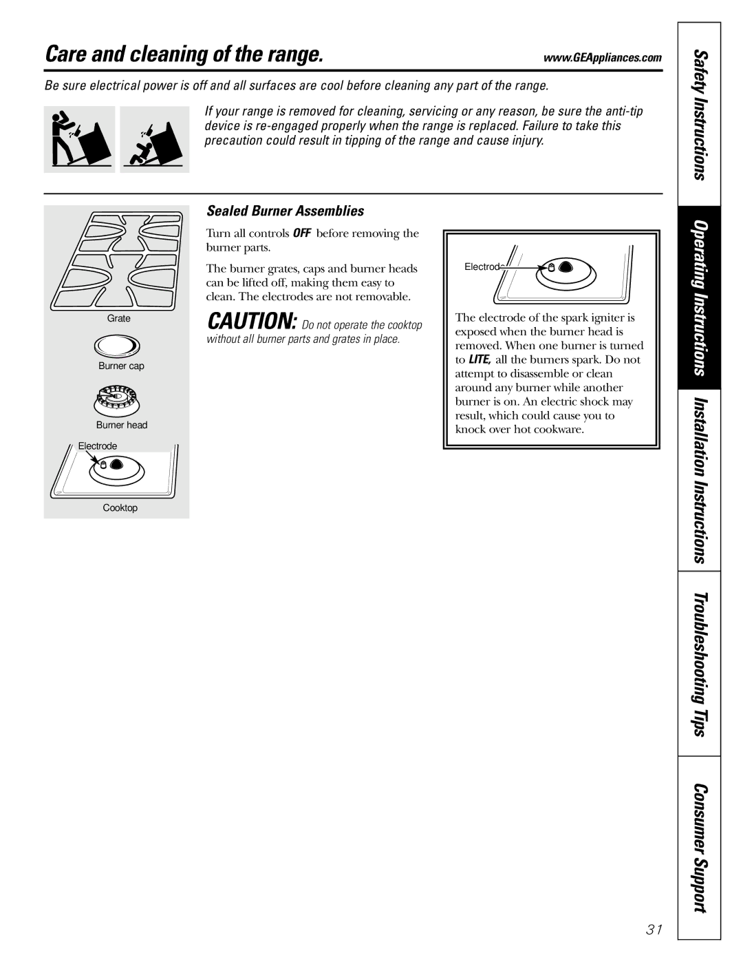 GE J2B915 installation instructions Care and cleaning of the range, Sealed Burner Assemblies 