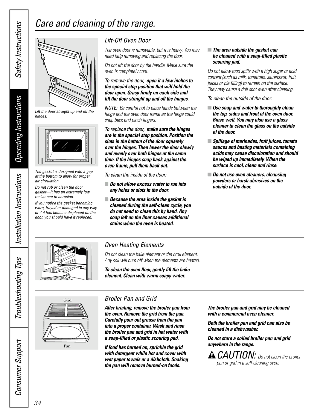 GE J2B915 installation instructions Lift-Off Oven Door, Oven Heating Elements, Broiler Pan and Grid 