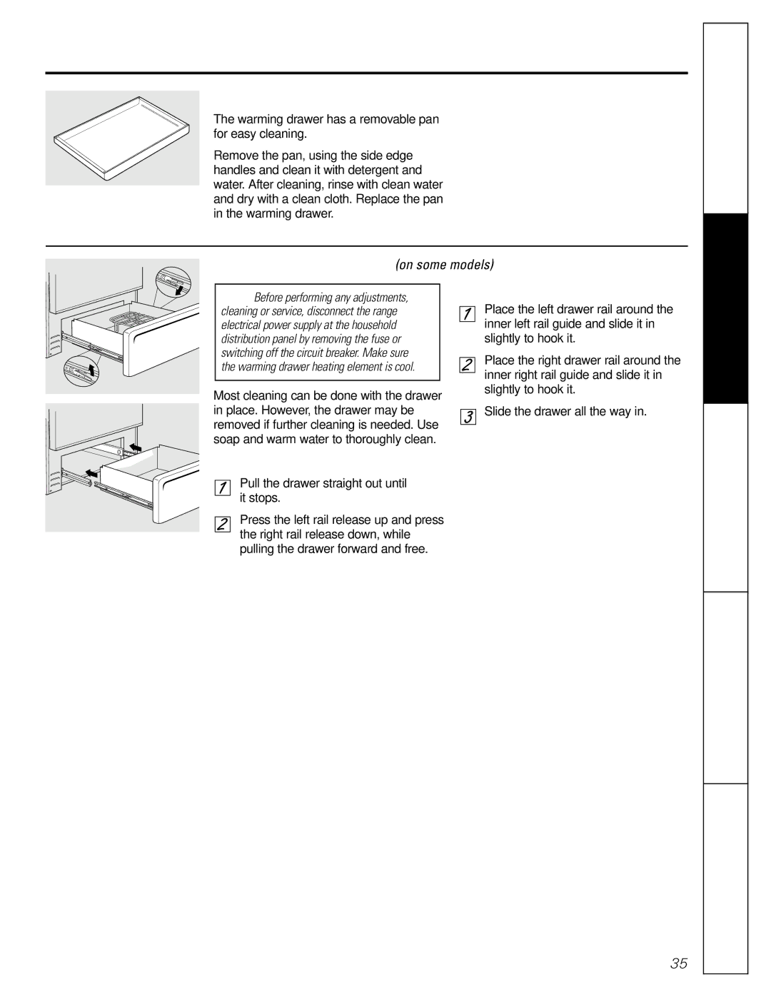 GE J2B915 Safety Instructions Operating, Warming Drawer Pan, Removable Warming Drawer on some models 