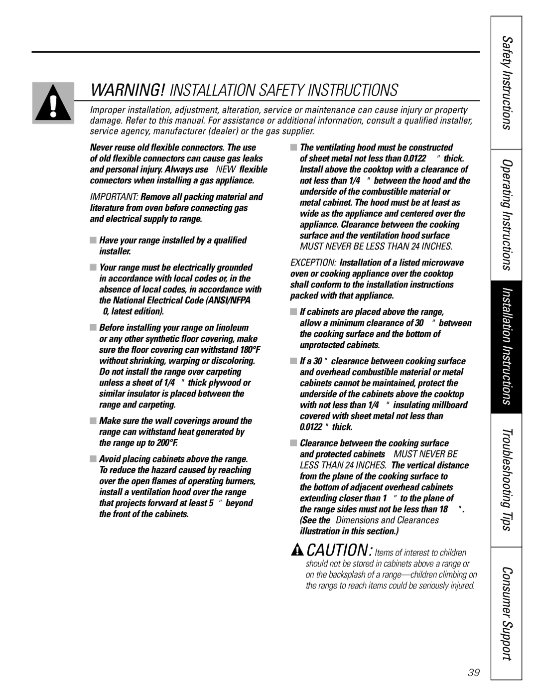 GE J2B915 installation instructions Must Never be Less than 24 Inches 