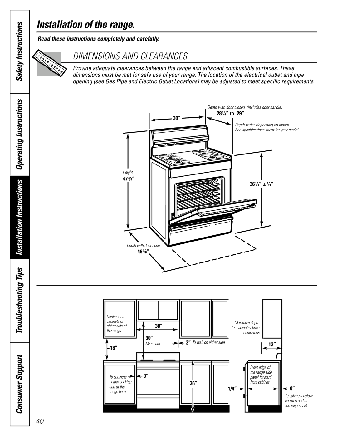 GE J2B915 installation instructions Dimensions and Clearances, Consumer Support 