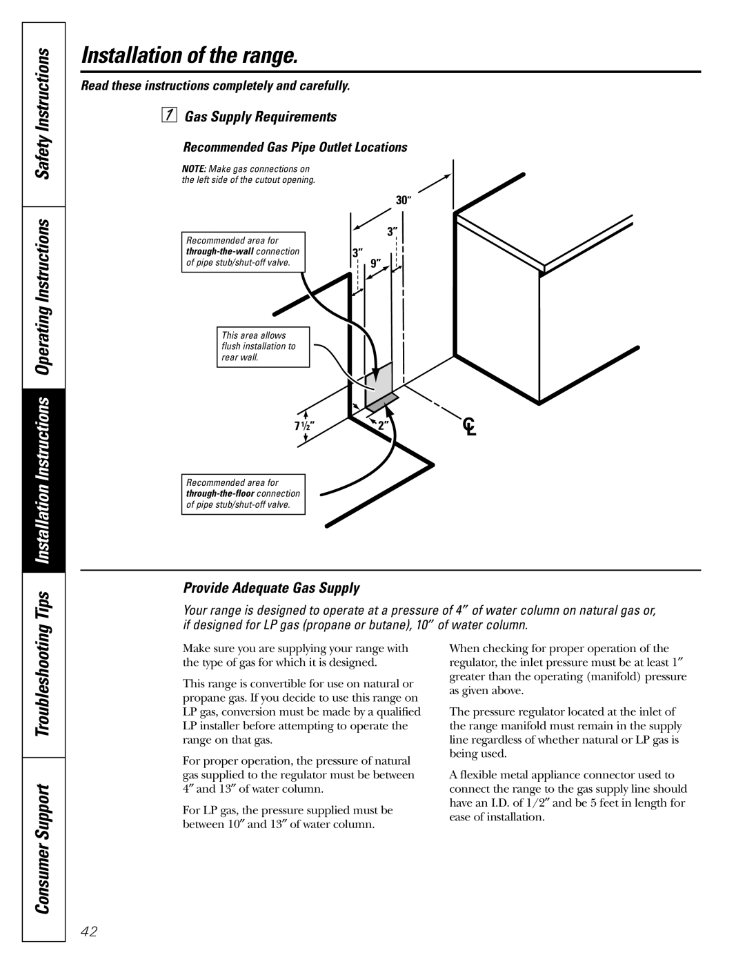 GE J2B915 installation instructions Consumer Support Troubleshooting, Gas Supply Requirements, Provide Adequate Gas Supply 