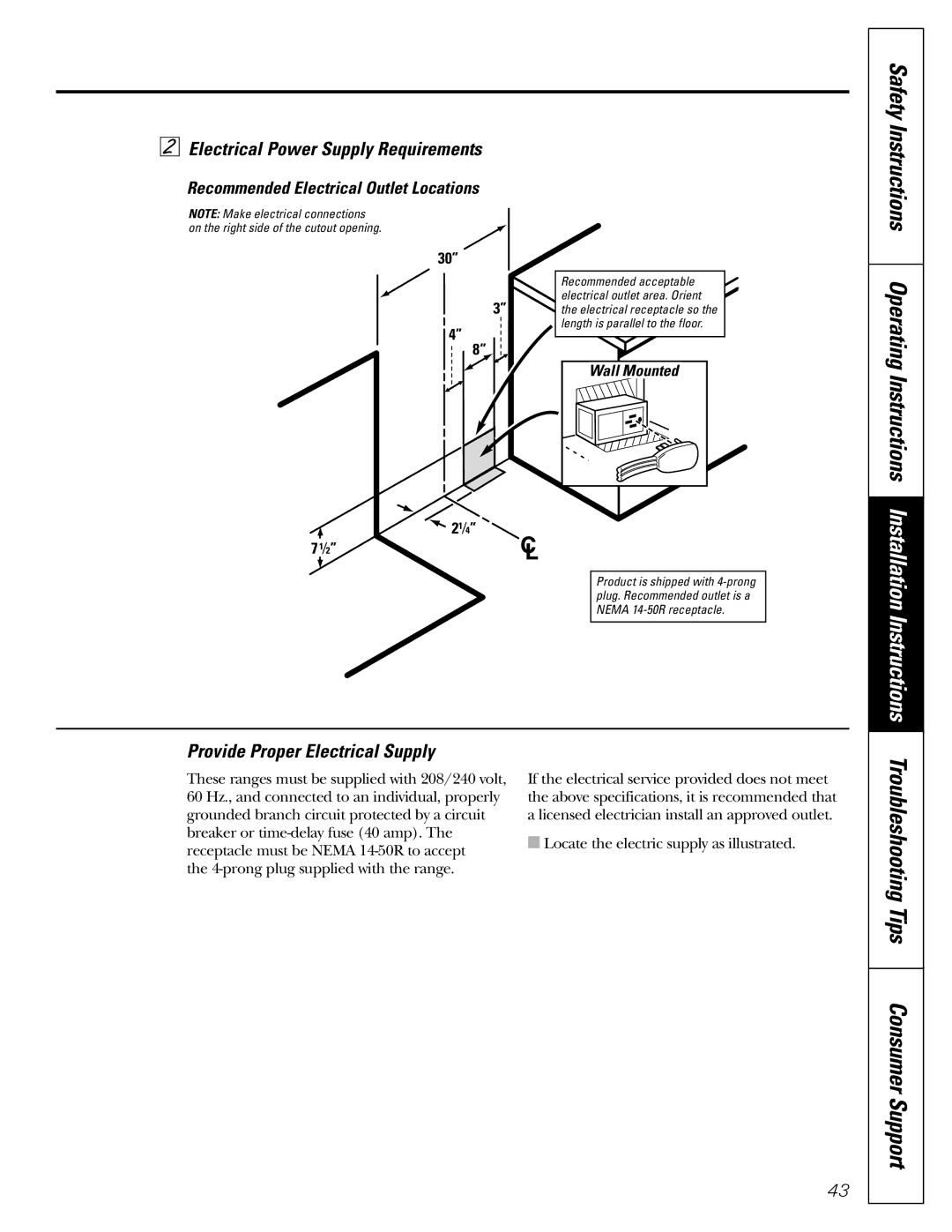 GE J2B915 Electrical Power Supply Requirements, Provide Proper Electrical Supply, Recommended Electrical Outlet Locations 