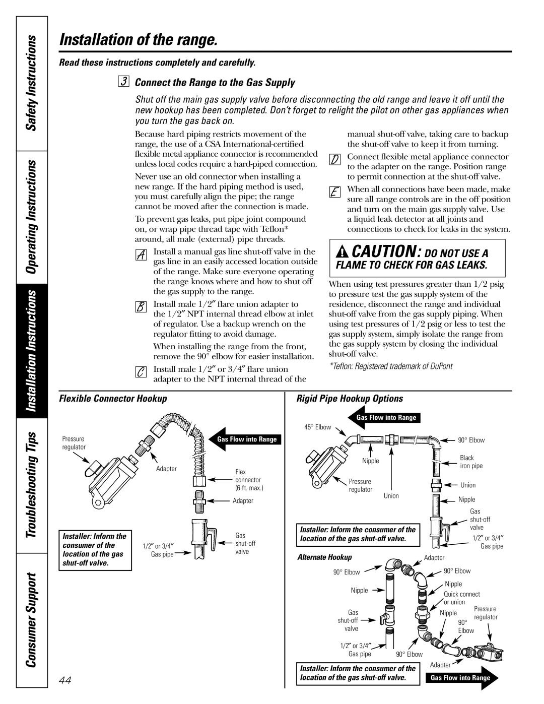 GE J2B915 Support Troubleshooting, Tips, Connect the Range to the Gas Supply, Teflon Registered trademark of DuPont 