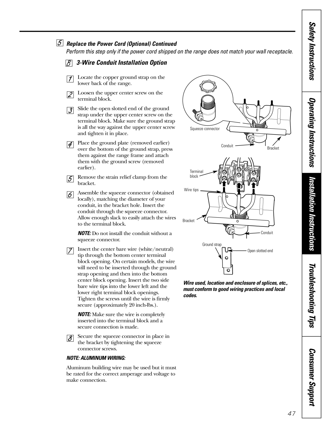 GE J2B915 installation instructions Wire Conduit Installation Option, Safety Instructions 