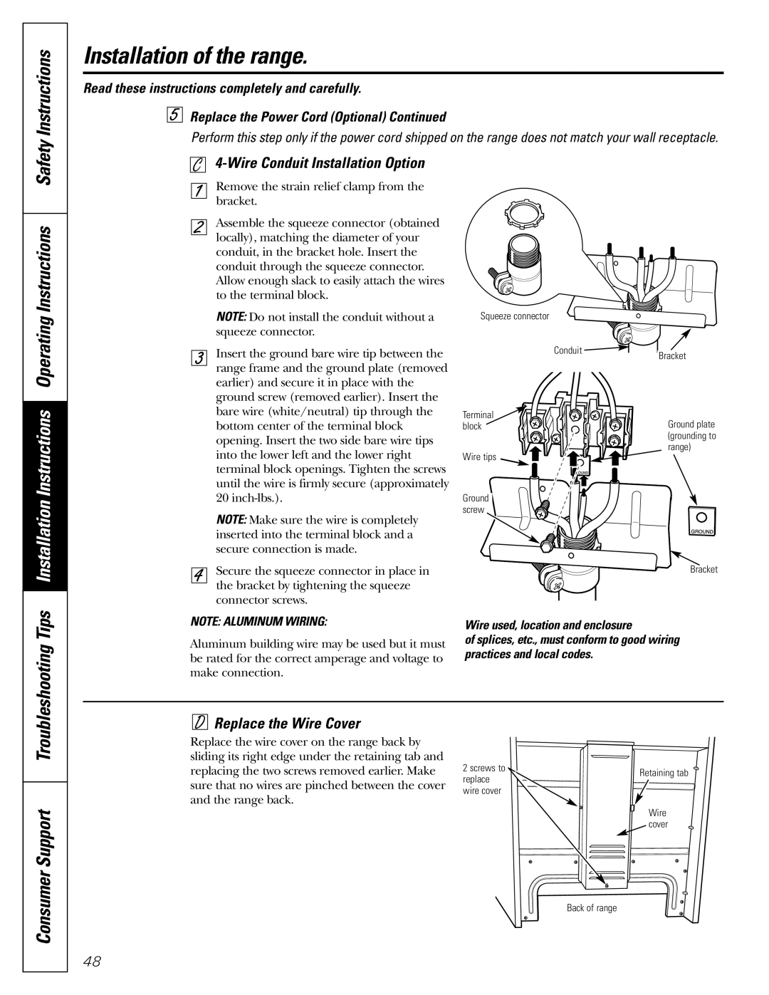 GE J2B915 installation instructions Installation Instructions Operating Instructions Safety, Replace the Wire Cover 