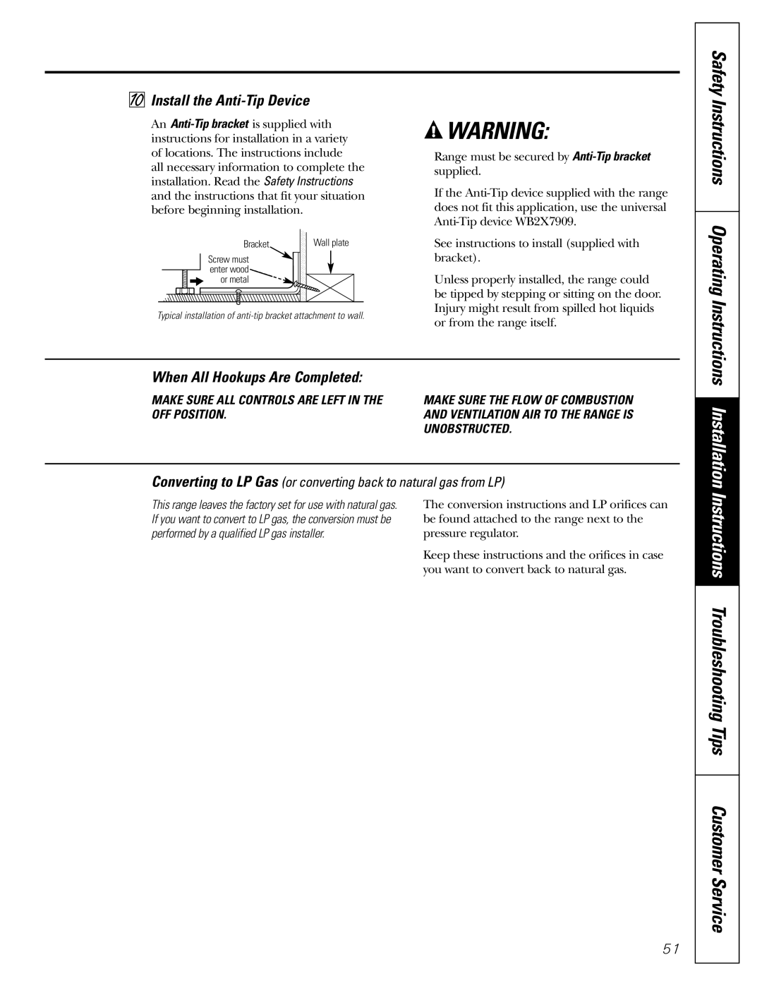 GE J2B915 Safety Instructions Operating Instructions, Install the Anti-Tip Device, When All Hookups Are Completed 