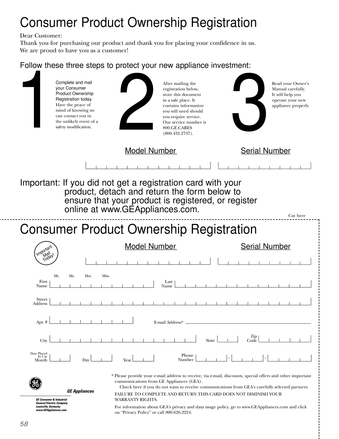 GE J2B915 installation instructions Consumer Product Ownership Registration 