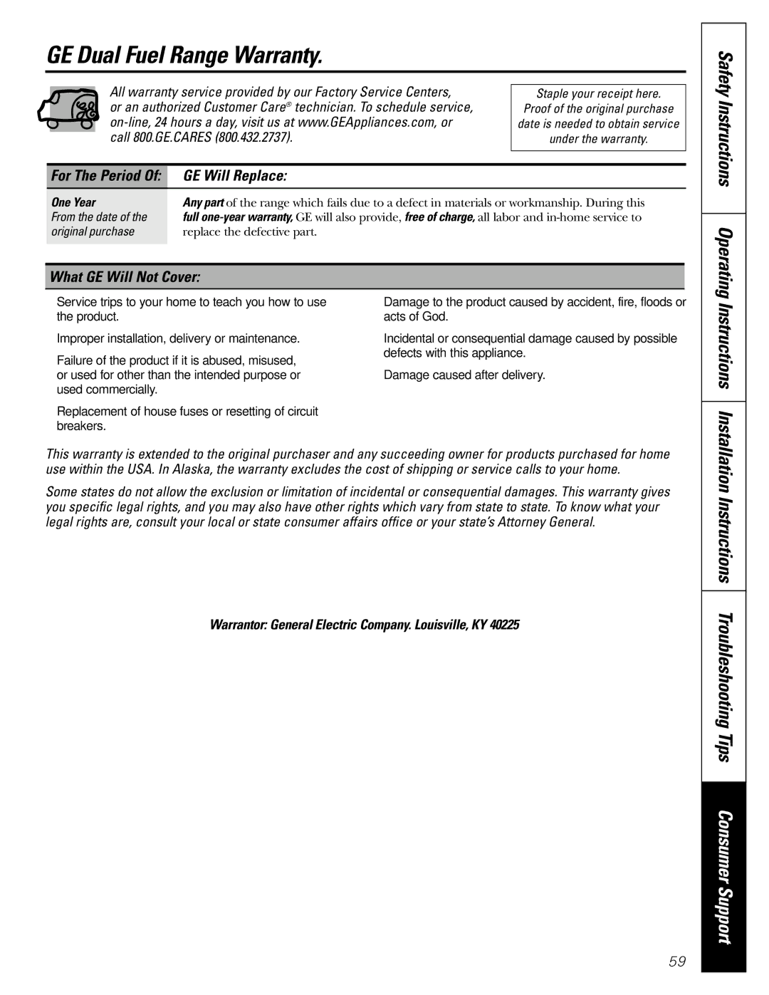 GE J2B915 GE Dual Fuel Range Warranty, Safety Instructions Operating, GE Will Replace, What GE Will Not Cover 