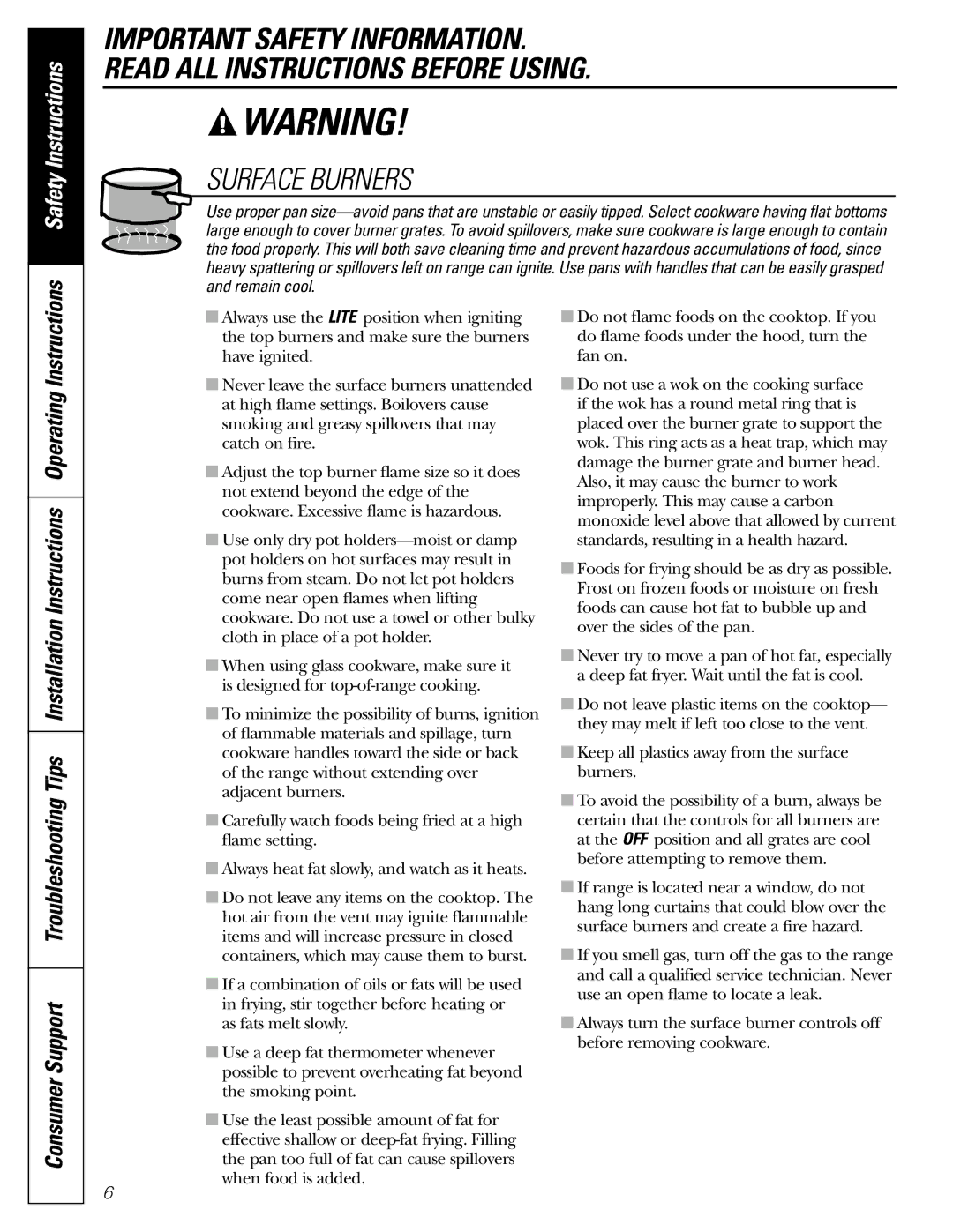 GE J2B915 installation instructions Surface Burners, Safety Instructions 
