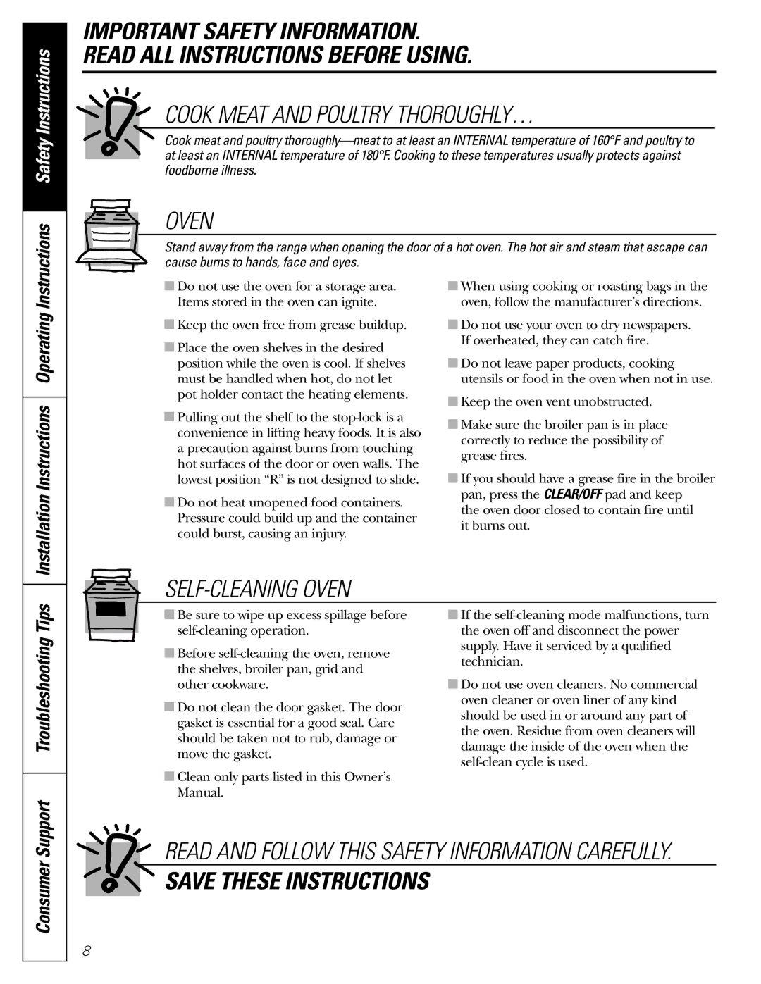 GE J2B915 Cook Meat and Poultry THOROUGHLY…, SELF-CLEANING Oven, Instructions Safety Instructions 