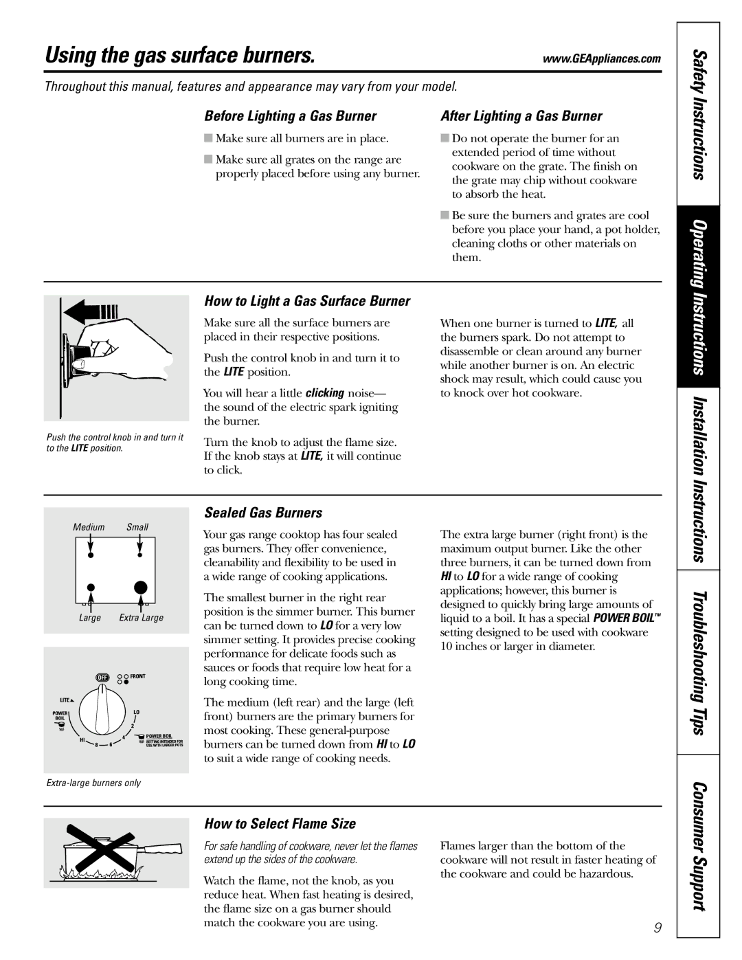 GE J2B915 Using the gas surface burners, Instructions Installation, Instructions Operating, Before Lighting a Gas Burner 