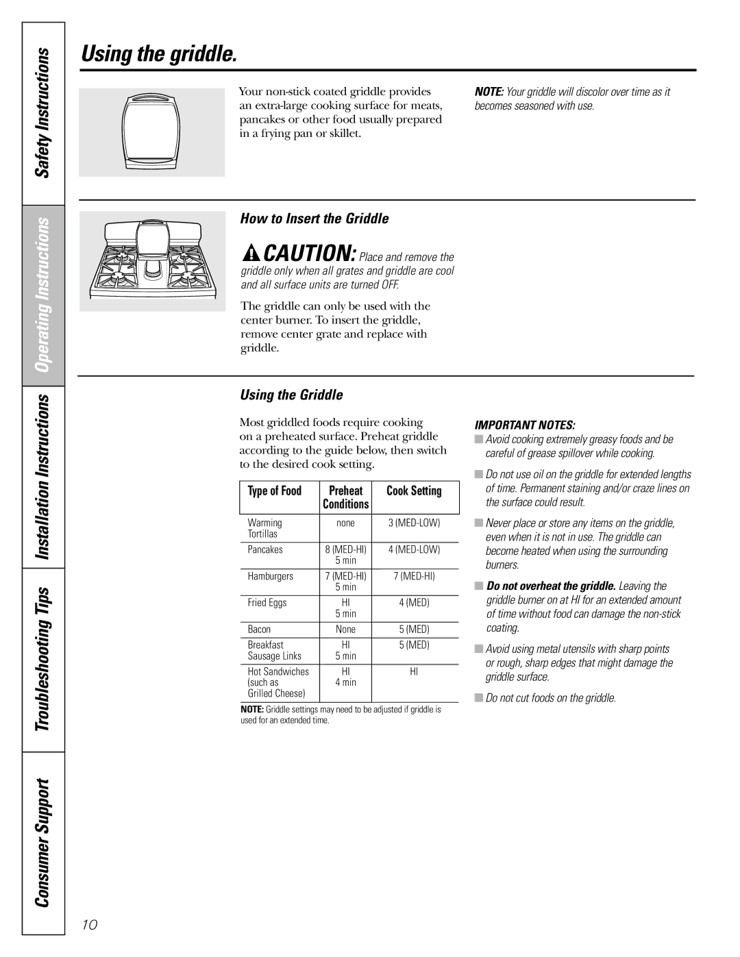 GE J2B918 Using the griddle, Operating Instructions Safety Instructions, How to Insert the Griddle, Using the Griddle 