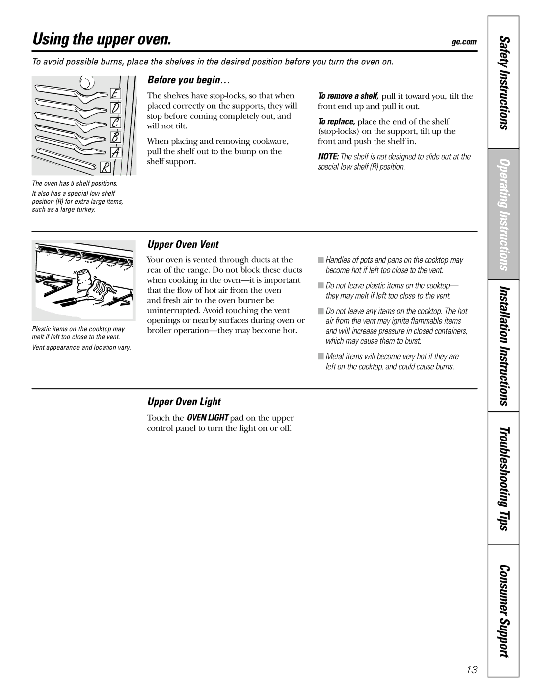 GE J2B918 installation instructions Using the upper oven, Instructions Operating, Troubleshooting Tips Consumer Support 