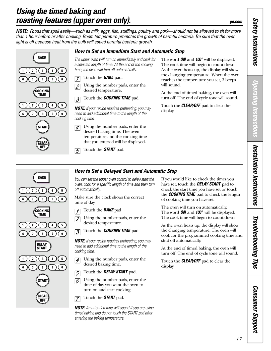 GE J2B918 Using the timed baking Roasting features upper oven only, Instructions Troubleshooting Tips Consumer 