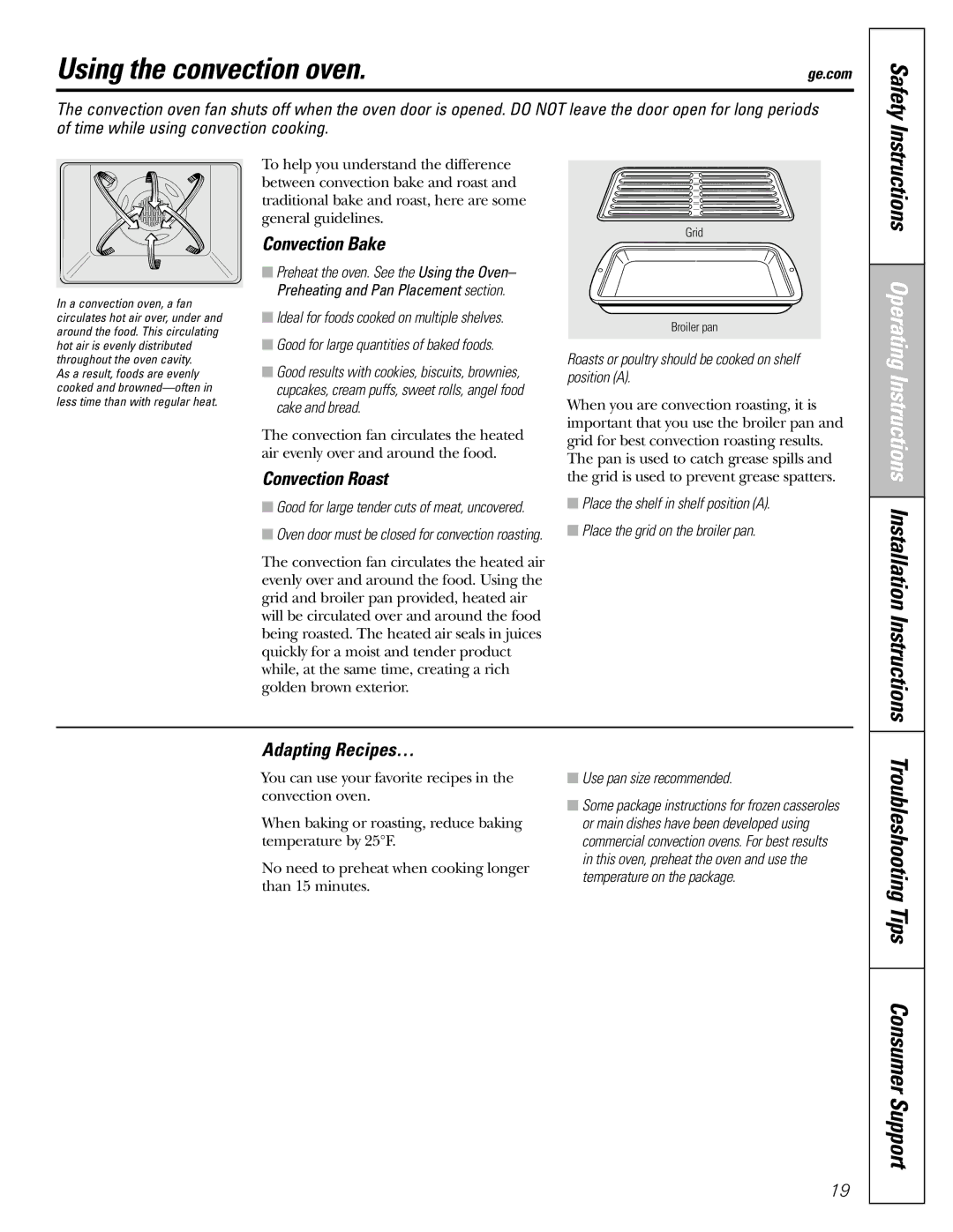 GE J2B918 Using the convection oven, Convection Bake, Convection Roast, Adapting Recipes…, Safety Instructions 