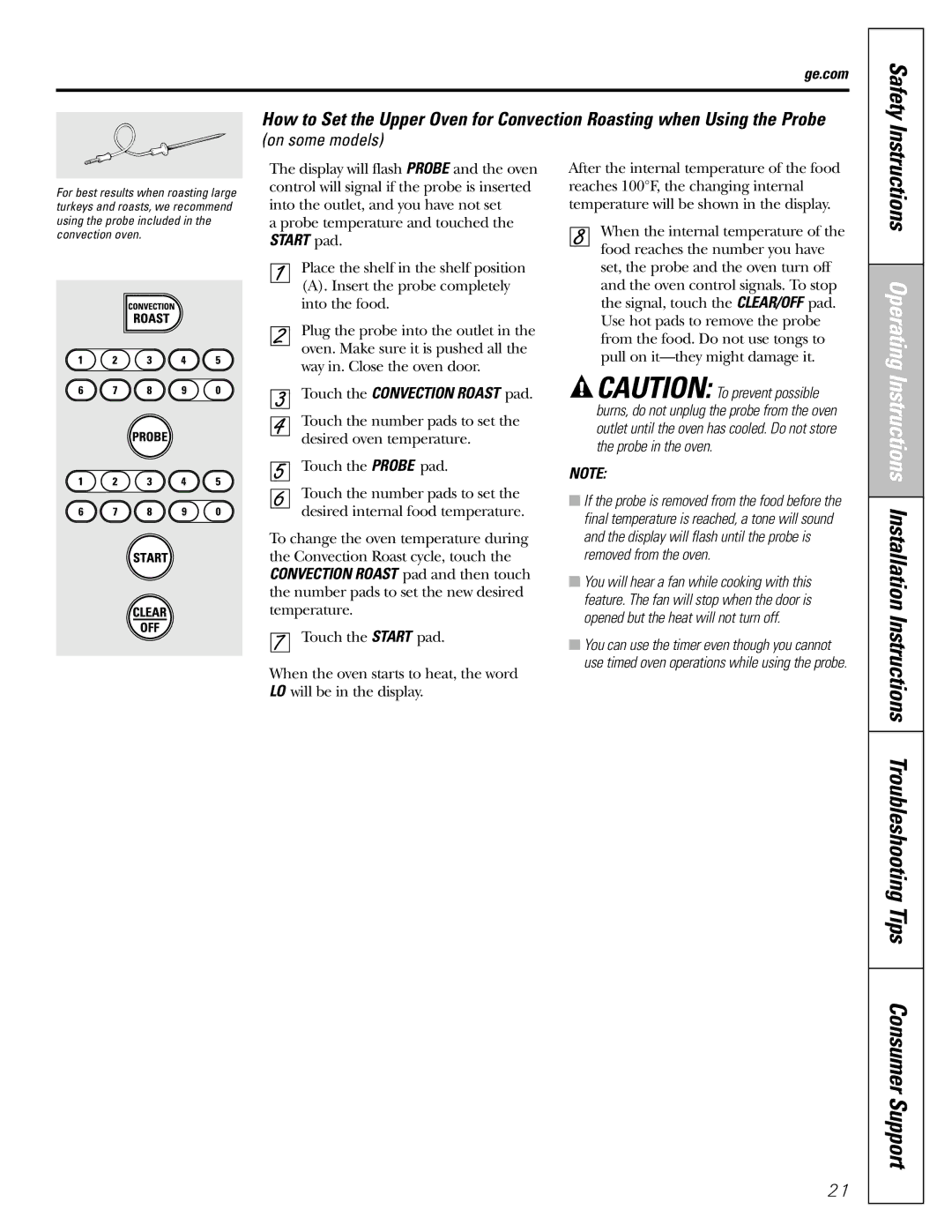 GE J2B918 installation instructions Ge.com, Touch the Convection Roast pad 