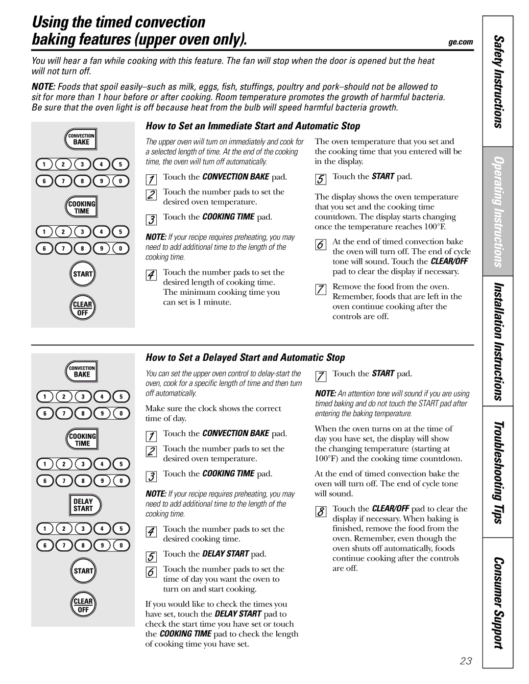 GE J2B918 Using the timed convection Baking features upper oven only, Instructions Troubleshooting Tips Consumer Support 