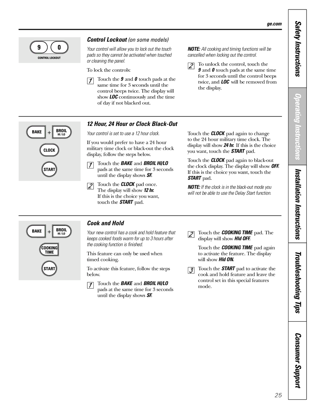 GE J2B918 Instructions Operating, Instructions Troubleshooting Tips Consumer Support, Control Lockout on some models 