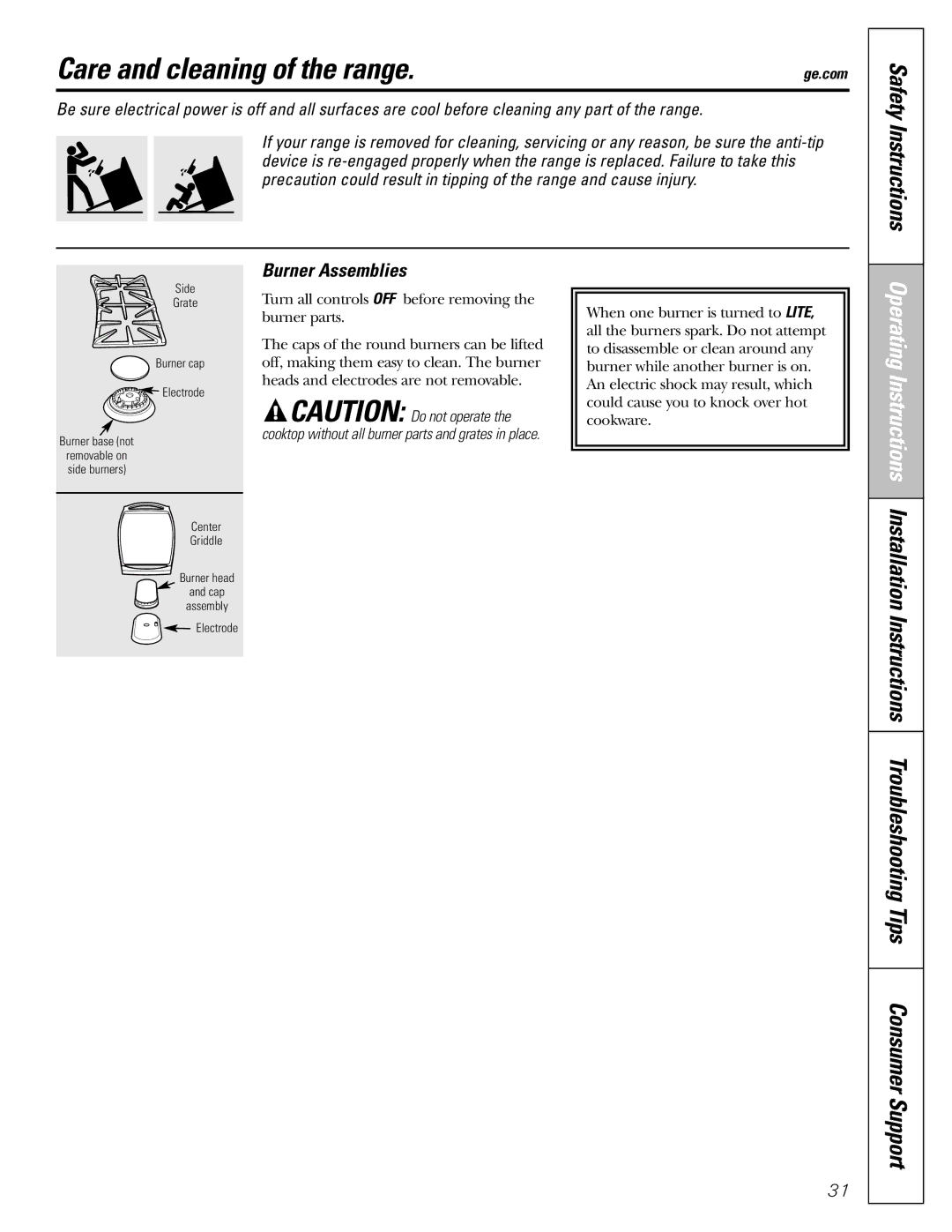 GE J2B918 installation instructions Care and cleaning of the range, Safety Instructions, Burner Assemblies 