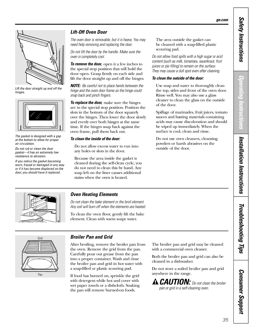 GE J2B918 installation instructions Tips Consumer Support, Lift-Off Oven Door, Oven Heating Elements, Broiler Pan and Grid 