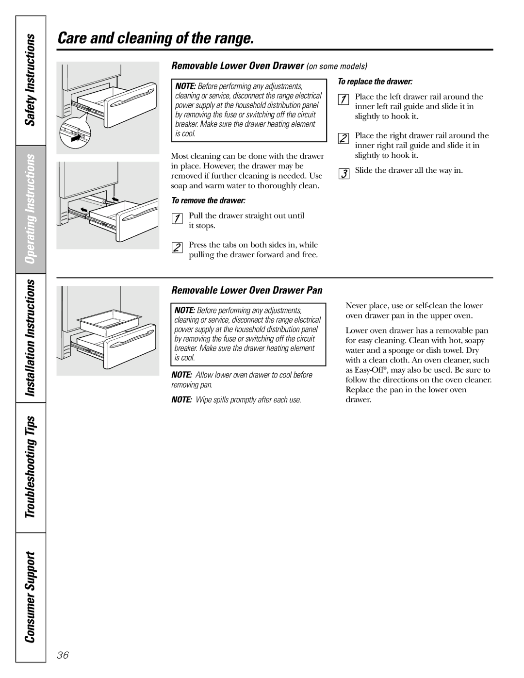 GE J2B918 installation instructions Removable Lower Oven Drawer on some models, Removable Lower Oven Drawer Pan 