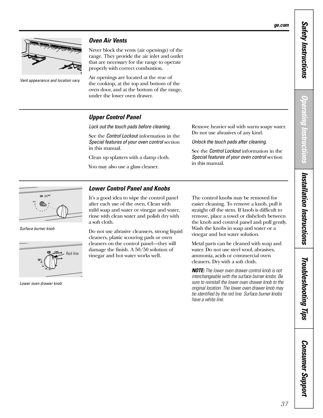 GE J2B918 Safety Instructions Operating, Oven Air Vents, Upper Control Panel, Lower Control Panel and Knobs 